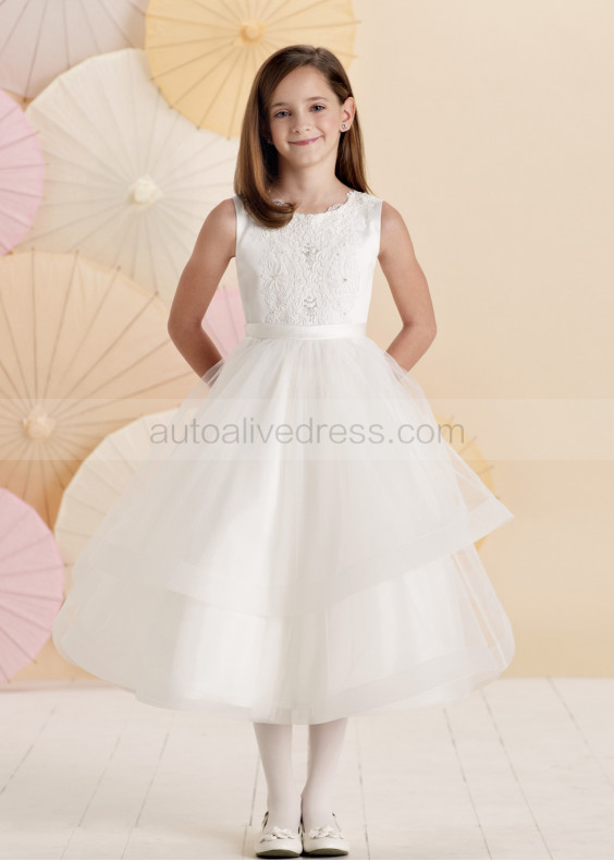 Cupcake Lace Tulle Tea Length Wedding Flower Girl Dress with Horsehair Hem